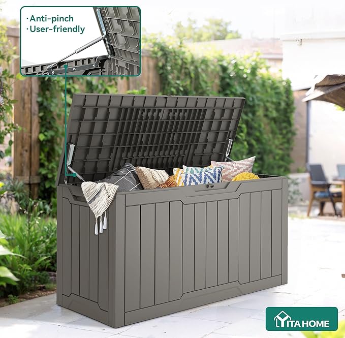 YITAHOME 80-Gallon Waterproof Resin Outdoor Storage Box, Lockable Storage Container for Outdoor Furniture, Cushion Storage, Pool Accessories, Garden Tools and Sporting Gear, Taupe