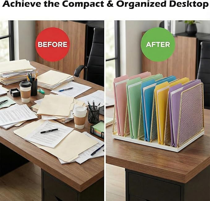 AUPSEN 5-Section Wooden Desktop File Organizer, File Sorter Storage Rack, Vertical File Holder for Office Supplies, Gold