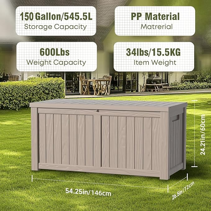 150 Gallon Waterproof Outdoor Storage Box,Resin Deck Box,Lockable Outside Storage Box Container for Patio Furniure,Garden,Tools (150 Gallon,Grey)