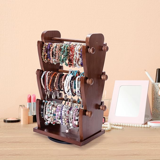 Two-Sided Rotating Wooden Jewelry Bracelet Holder Display Stand with 6 Removable Holders - 3 Tier Bar Bangle Organizer Perfect for Organizing and Showcasing Bracelets, Watches, and Accessories