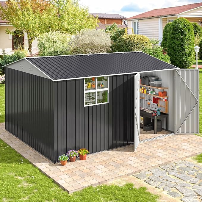 12x10 FT Outdoor Metal Storage Shed with Window, Heavy-Duty Galvanized Steel Tool Shed with Lockable Doors, Waterproof Garden Shed for Backyard, Patio, Lawn, Black