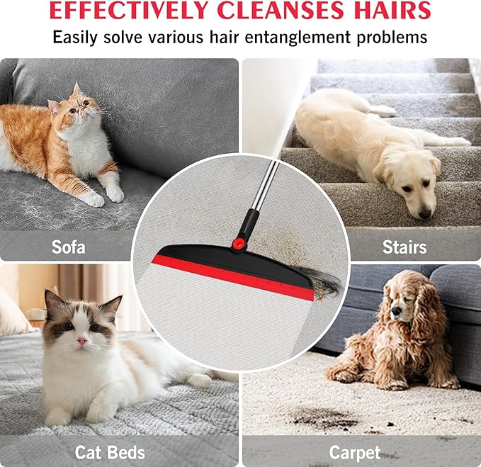Multifunction Magic Broom, 54 Inch Adjustable Long Handle Silicone Floor Squeegee Broom, Sweep and Scrape 2 in 1 Household Cleaning Brooms for Floor, Bathrooms, Showers, Tile, Pet Hair, Black Red