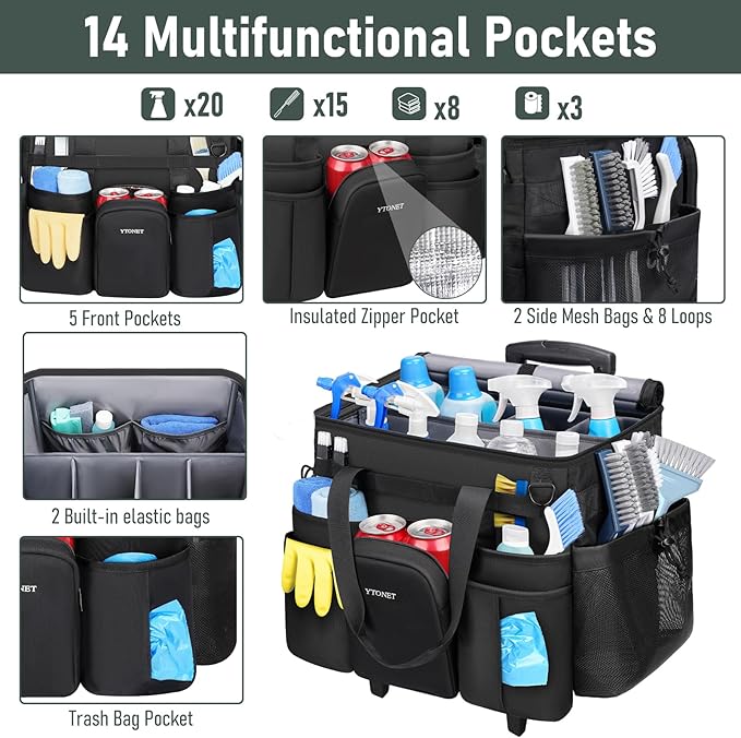 Ytonet XXL Cleaning Caddy with Wheels, Large Rolling Cleaning Caddy Bag with Detachable Trolley for Housekeepers, Water Resistant Cleaner Supplies Organizer with Wheels for Kitchen, Tool Organizer