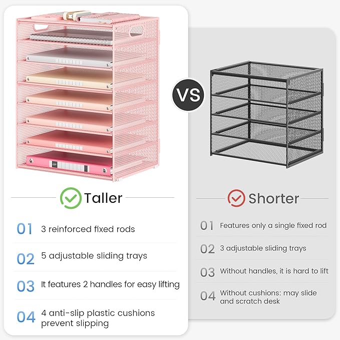 Lavatino 2 Pack 8-Tier Office Desk File Organizer, Letter Tray Paper Organizer with Handle, Including 5 Adjustable Slide Trays for Organizing Desk Workspace Accessories and Supplies (Pink Mesh)