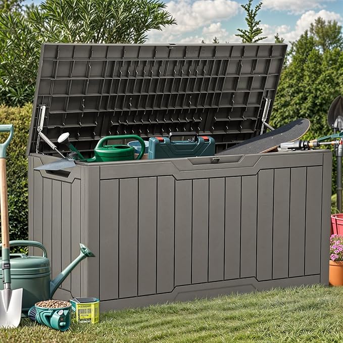 YITAHOME 80 Gallon Resin Deck Box, Waterproof Outdoor Storage Box, Lockable Indoor Outdoor Storage Bench for Supplies and Essentials, Taupe
