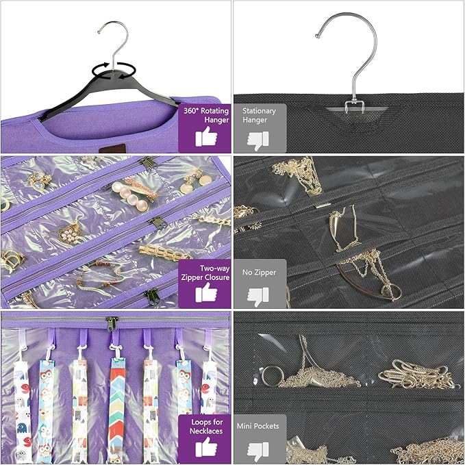 SMRITI Hanging Jewelry Organizer with Dual Zippered Pockets Canvas Double Sided Rotating Hanger Necklace Hanging Wall Organizer Earring Dustproof Holder Wall Mount Accessories Display Bag(Purple)