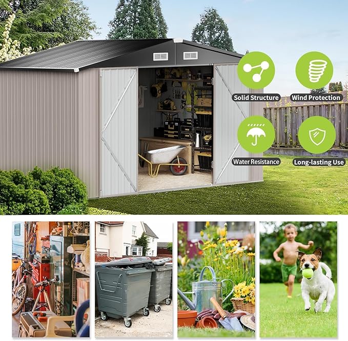 Aoxun 8x10 FT Shed Outdoor Storage Shed with Base, Large Shed Steel Utility Tool Shed Storage House with Door & Lock, Metal Sheds with Sloped Roof for Garden Patio Lawn Poolside, Brown