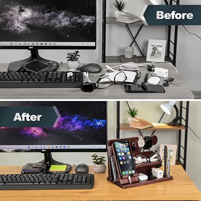 TESLYAR Wood Phone Docking Station for Men - Desk or Nightstand Organizer - Birthday Gifts for Husband, Dad - Anniversary Idea from Wife - Key Holder, Stand Wallet, Watch & Essentials (Mahogany)
