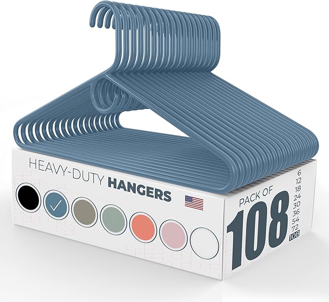 Neaties Heavy Duty Clothes Hangers 100 Pack (108 Count) – Made in The USA – 8lb Capacity Plastic Hangers for Adult Clothing – Durable for Pants, Coats, Jackets, or Jeans – Blue