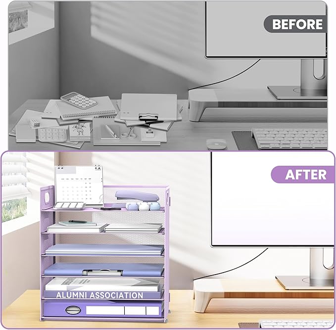 Daltack 6 Tier Paper Organizer for Desk, Paper Letter Tray Organizer for Desks, Mesh Desk File Organizers with Handle for Office, Home, School, Purple, 2 Pack