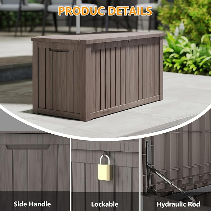 270 Gallon Outdoor Storage Box Waterproof, Resin Deck Boxes with Lockable Lid & UV-Resistant for Patio, Pool, Garden Furniture Cushions & Accessories, Coffee