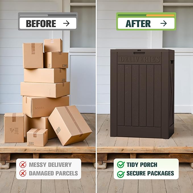 Greesum 52 Gallon Large Outdoor Package Delivery Box for Porch, Lockable Secure Double-Wall Resin Storage Box, Waterproof Deck Box for Package Protection, Brown