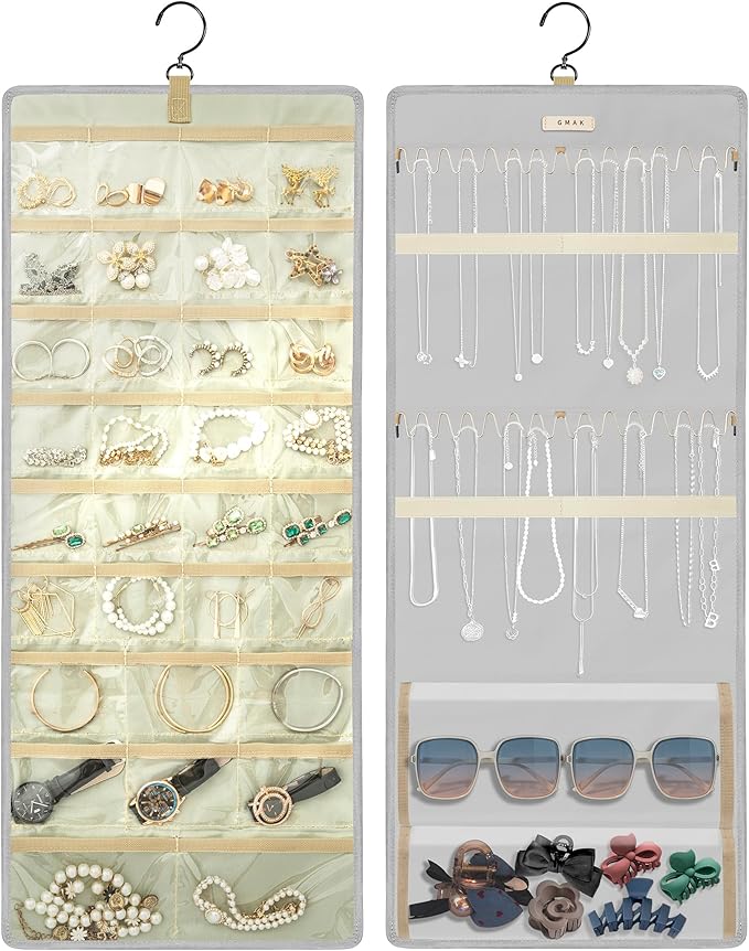 GMAK Hanging Jewelry Organizer with Hanger Metal Hooks, Double-Sided Jewelry Holder Accessories Organizer Storage Roll for Jewelry, Earrings, Bracelets, Necklaces, Rings - Light Grey