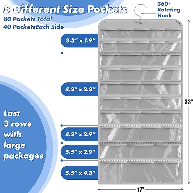 Simple Houseware 2-Pack Hanging Jewelry Storage Organizer, 80-Pocket with 5 Sizes for All Types of Accessories, Gray