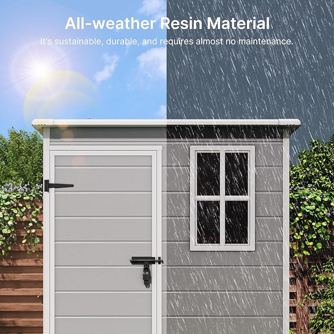 Gizoon 5x3 FT Resin Outdoor Storage Shed, Weather-Resistant Plastic Garden Tool Shed with Floor and Lockable Door for Backyard, Patio, Lawn, Grey