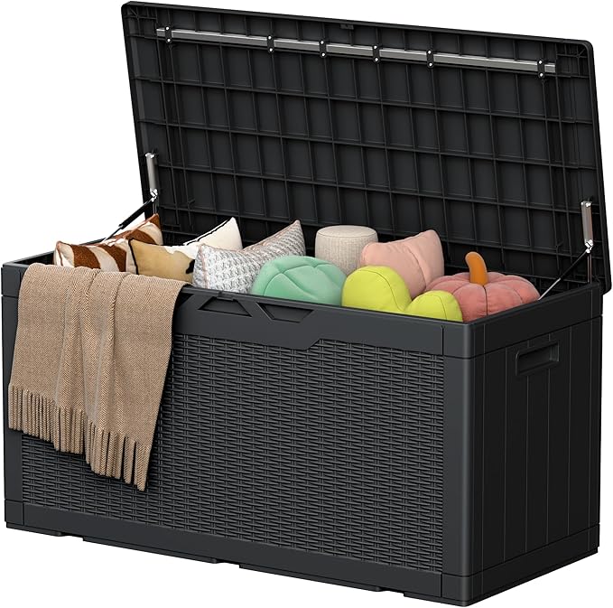 105 Gallon Deck Box Outdoor Indoor Waterproof Storage Box for Patio Furniture, Pool Accessories, Garden Tools, and Cushion Storage, Black