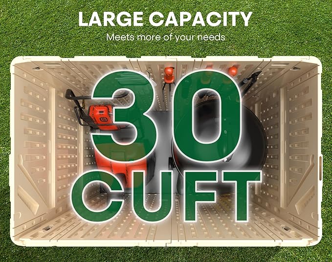 30 Cu.Ft Outdoor Storage Shed, Multi-Purpose Weather-Resistant Utility Shed for Garbage Cans, Lawn Mower, Garden Tools, Waterproof Resin Horizontal Cabinet with Pad-Lockable Doors (Khaki)