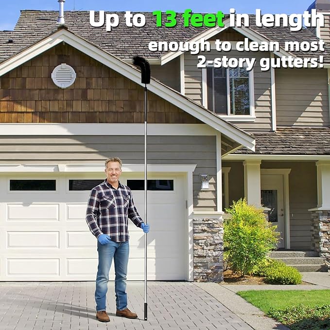 13FT Gutter Cleaner Tools, Long-Reach Rain Gutter Cleaning Brush, Removes Leaf Debris from Roof Gutters Without a Ladder, Leaf Cleaning Kit with 2 Brushes and Storage Bag, Black