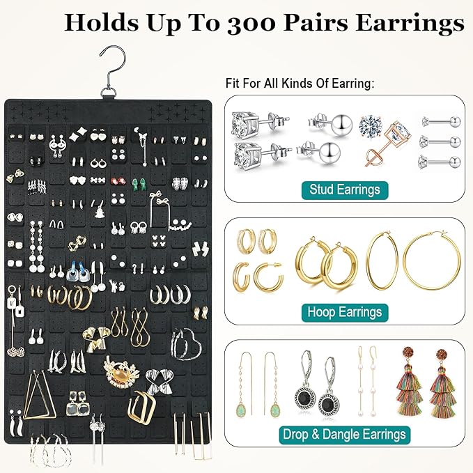 Dual Sided Hanging Jewelry Organizer with Hanger for Closet,Tangle Free Felt Necklace Earring Holder for 300 Earrings & 30 Necklaces Over Door University Dorm, Gift Ready Black (1 Pack)
