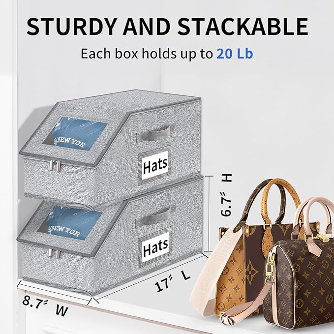 Aokeyee Hat Organizer for Baseball Caps - 2PCS Stackable Storage with Clear Window Lid, Flip-Top Access, Space-Saving Hat Box for Closet, Breathable Fabric (Grey)