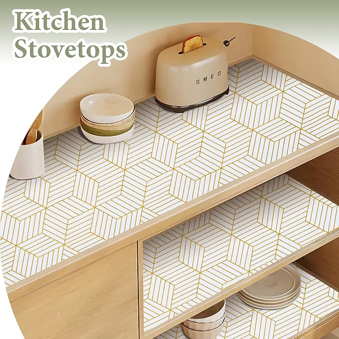 Shelf Liners for Kitchen Cabinets 35.4 in X 19.69 Ft, Non Adhesive Cabinet Liner Strong Non-Slip Thickened Gold Geometric Drawer Liner, Easy to Clean for Shelf, Cabinet with Knife and Tape Measure