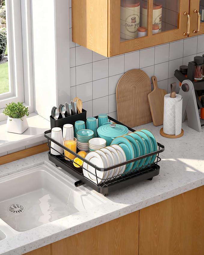 Stainless Steel Dish Drying Rack for Kitchen Counter, Sink Organization and Storage Essentials with Silverware & Utensil Holder, Home and Apartment Decor, 12''W x 15.5''L, Black