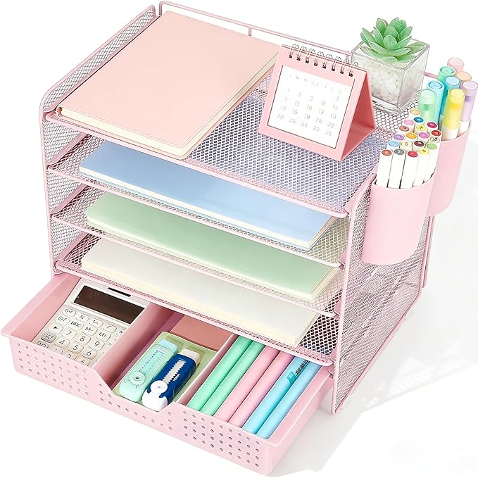 Desk Organizers and Accessories, 5-Tier Paper Letter Tray Organizer with Drawer & 2 Pen Holders, Desktop Organizer for Office Supplies (Pink)