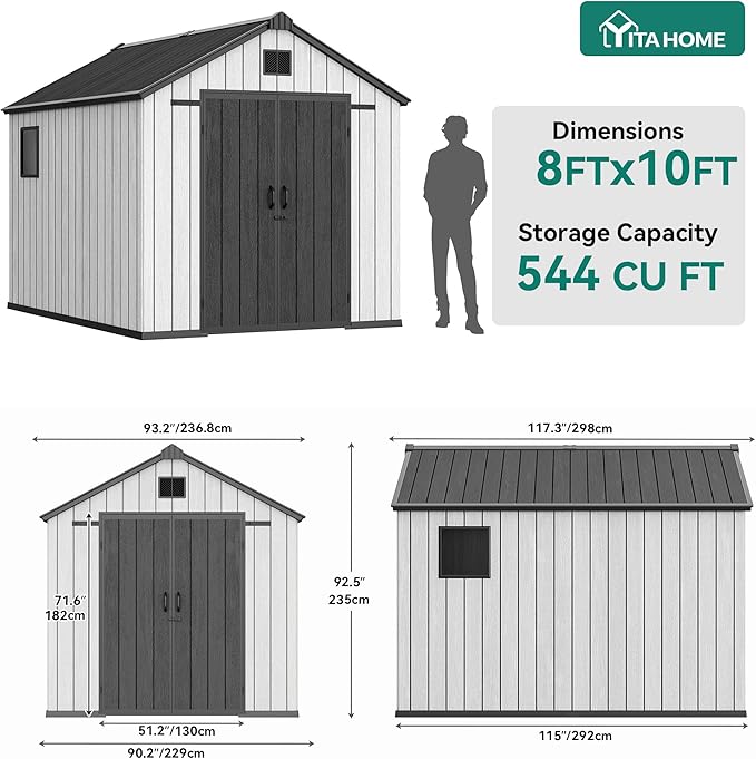 YITAHOME 8x10 FT Outdoor Storage Shed with Lockable Door, Large 544 Cuft Resin Shed with Floor Roof Windows Vents, All-Weather Plastic Storage Shed Tool Organizer for Backyard Garden Patio Lawn, Gray