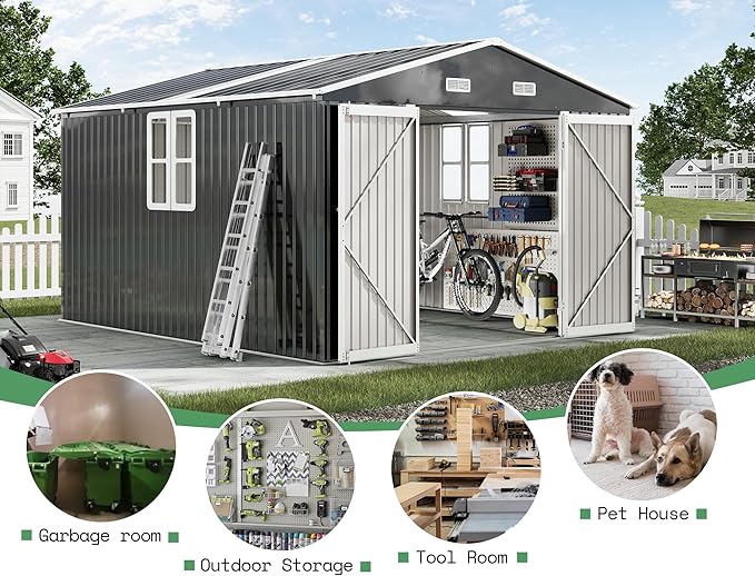 AMERLIFE 10x12x7 FT Outdoor Storage Shed with 2 Transparent Panels, Metal Garden Shed with Hinged Double Doors, 2 Windows & 4 Vents, Reinforced Steel Frame for Backyard, Garden, Dark Gray