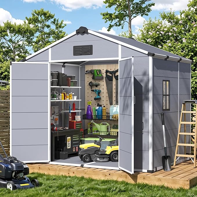 MELLCOM 8 x 6 FT Resin Outdoor Storage Shed with Floor, Resin Garden Shed with Windows and Lockable Door, Storage Tool Shed for Bike, Pool Supply, Lawnmower