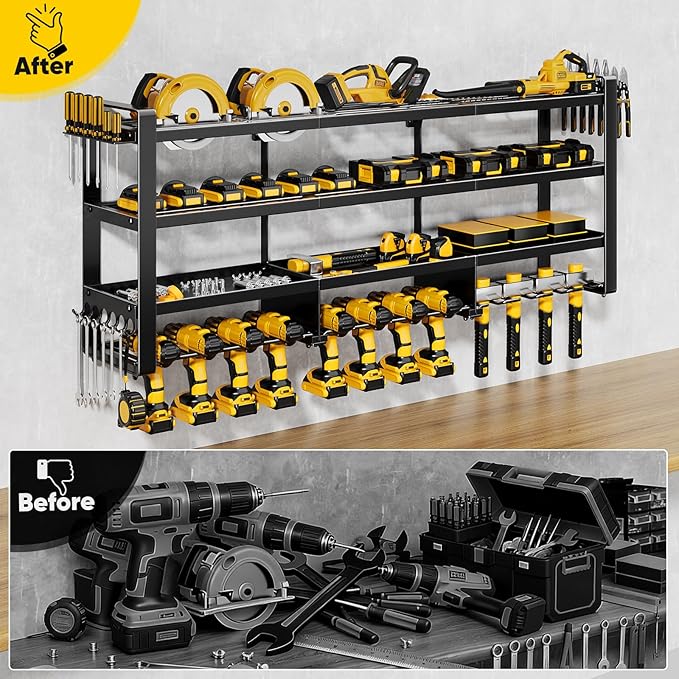 49" W Large Power Tool Organizer Wall Mount, 4 Layer Heavy Duty Loads 800 lbs, Tool Rack Holds 12 Cordless Drills, Large Capacity Battery Holder for Garage Storage, Christmas Gift for Men