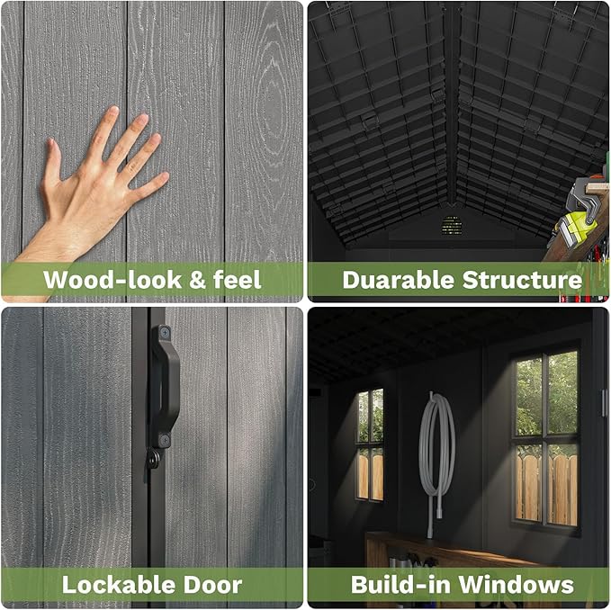 Patiowell 4 x 8 FT Plastic Outdoor Storage Shed with Floor, Garden Tool Shed with Two Windows and Single Lockable Door for Garden, Backyard, Lawn, Easy to Install, Dark Grey