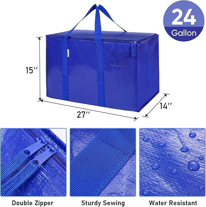 TICONN 2 Pack Extra Large Moving Bags Heavy Duty with Zippers & Carrying Handles, Durable Storage Bags Moving Boxes for Closet Organizers and Storage (2 Pack, Blue)