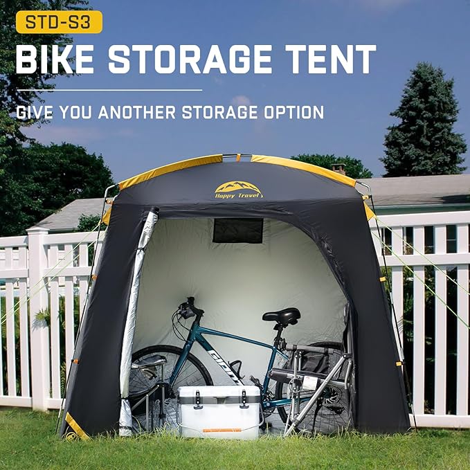 Happy Travel Bike Storage Shed Tent, Waterproof Portable Bike Cover with 40% More Top Space for 2/3/4/5 Bikes,Clips Easy Setup Sheds Shelter with Lockable Bicycle Design for Garden Tools, Lawn Mower