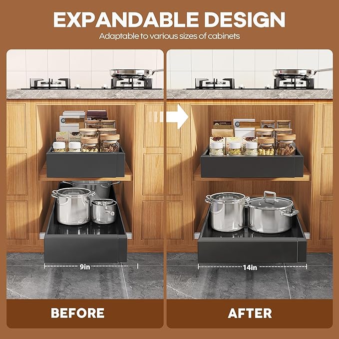 2 Pack Expandable Pull Out Cabinet Organizer 21" Deep with Raising Pad for Framed Cabinets,Upgrade 3 Slide Rails Slide Out Drawers,Roll Out Shelves Adhesive,Adjustable Width 9"-14.1" Black