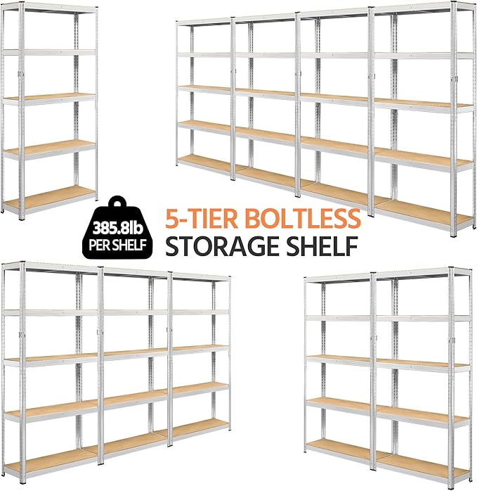Topeakmart 5-Tier Utility Shelves, Metal Storage Shelves Garage Shelving Unit Adjustable Garage Storage Shelves Storage Racks Heavy Duty Shed Shelving- Silver, 35.5 x 12 x 71 Inch