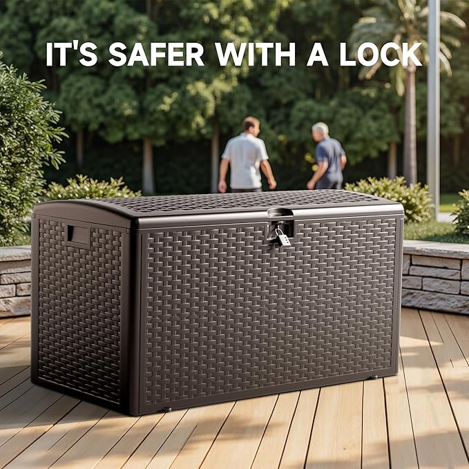 90 Gallon Resin Deck Box, Double Layer Waterproof & Outdoor Indoor Lockable Storage Box for Patio Furniture Cushions Garden Tools (Brown)