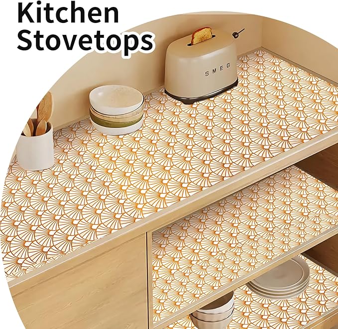 3D Drawer and Shelf Liner for Kitchen Cabinet: 12 in X 20 Ft 3D Waterproof Shelf Paper Non Adhesive Refrigerator Liners Golden Ginkgo Leaf Easy Liners for Bathroom with Knife Tape Measure