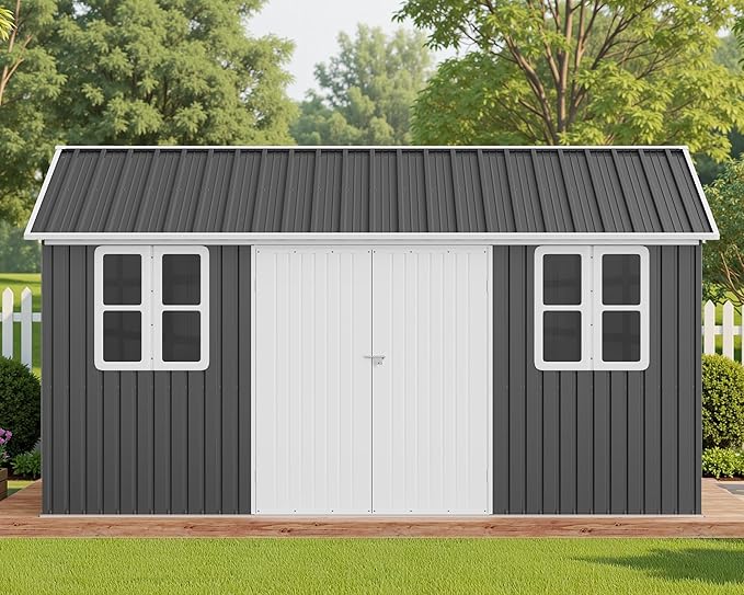 VanAcc 10 x 14FT Outdoor Storage Shed with a Lockable Hinged Door and 2 Windows, Nordic Cottage Metal Shed for Backyard, Garden, Patio, Dark Grey/White