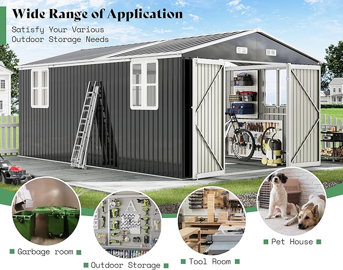AMERLIFE 10x16x7 FT Outdoor Storage Shed with 2 Transparent Panels, Metal Garden Shed with Hinged Double Doors, 4 Windows & 4 Vents, Reinforced Steel Frame for Backyard, Garden, Dark Gray