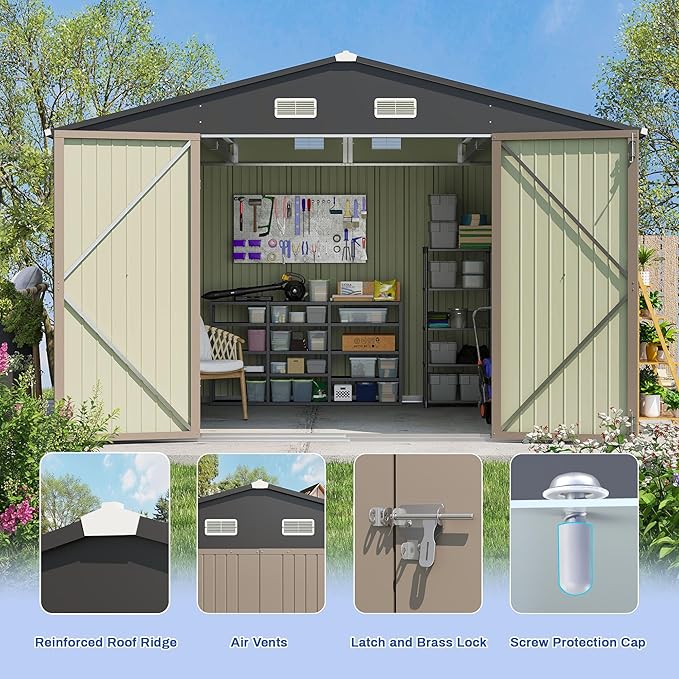 Patiowell 10x10 FT Storage Shed, Outdoor Metal Sheds with Lockable Door and Sloping Roof, Waterproof Outside Large Garden Tool Shed with Breathable Vents for Patio Lawn Backyard, Brown