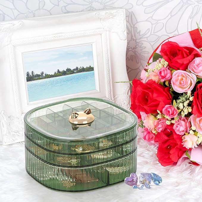 LETURE 3-Layer Acrylic Jewelry Organizer Box for Stud Earrings, Rings, Necklaces, Bracelets, Claw Clip Organizer, Small Bead Storage Containers for Crafts (Green Style2)