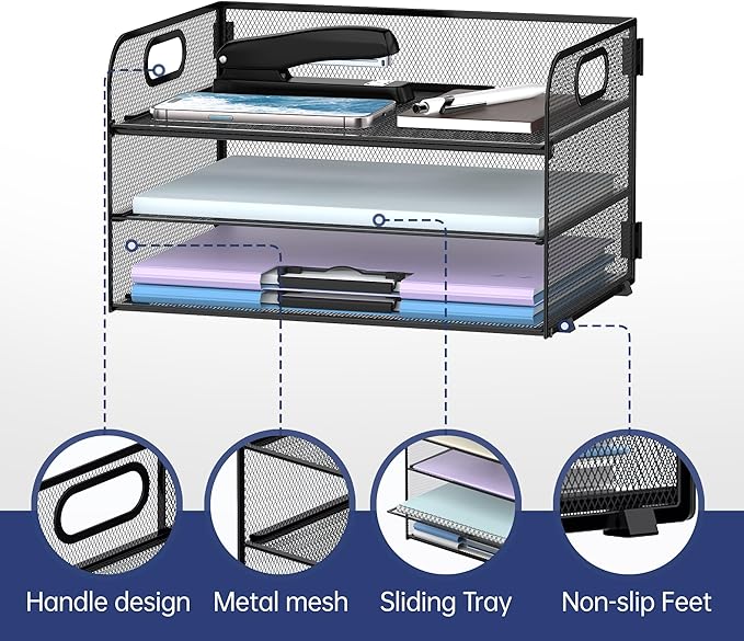 Supeasy 3 Tier Paper Organizer with Handle, Mesh Desk Organizer Letter Tray, Paper Tray File Organizer for A4 File Folder, Black, 2 Pack