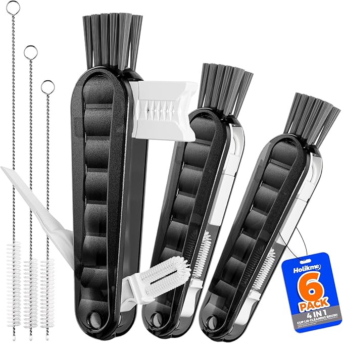 6 Pack Holikme 4 in 1 Cup Lid Cleaning Brush Set with 3 Straws, Multifunctional Bottle Brush, Silicone Cup Lid Gap Cleaner, Durable Bristle Crevice Cleaning Brush, Black