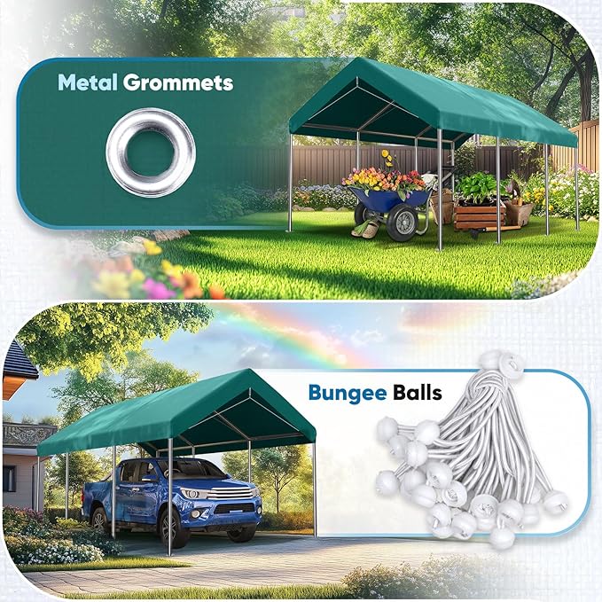 ADVANCE OUTDOOR Replacement Top Cover Tarp for 12x20 ft Carport Canopy with Ball Bungees, Green, One Roof Only