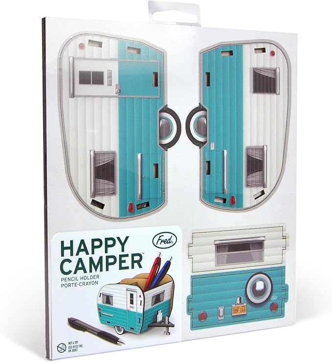 Genuine Fred HAPPY CAMPER Vintage Camper Pencil Holder, White and Blue, Retro Desk Organizer- Great Gift for Coworkers and Travel Enthusiasts - Functional Desk & Cubicle Accessory