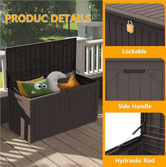 Outdoor Storage Box Waterproof, 100 Gallon Lockable Resin Deck Box Patio Storage Bin for Pool Accessories Cushion Furniture, Garden Tools, UV-Resistant Outside Delivery, Brown