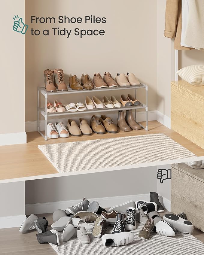 SONGMICS Shoe Rack, 2-Tier Shoe Organizer, Metal Storage Shelf, Upright or Upside Down, for 12-15 Pairs, Stackable, for Entryway, 11.8 x 36.2 x 13.4 Inches, Gray ULSA012G01