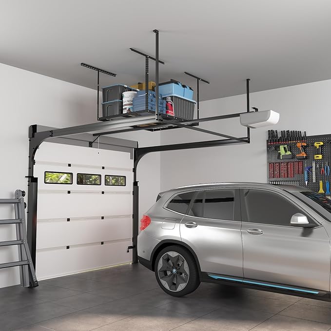 FLEXIMOUNTS 3x4 Overhead Garage Storage Rack, Adjustable Organization System, Heavy-Duty Metal Ceiling Racks, 275lbs Weight Capacity, Black, Classic Series