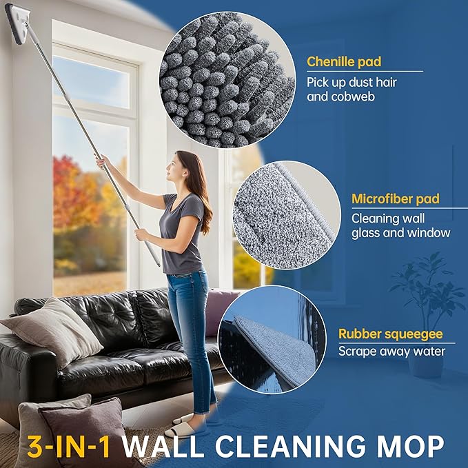 Wall Cleaner Mop with Long Handle, Wall Duster with Extension Pole, 3-in-1 Wall Cleaner, Dust Mop with 5 Reusable Pads